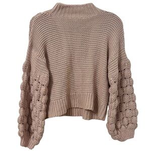 SEVEN SISTERS Light Pink Chunky Knit Mock Neck Sweater Bubble Sleeves Size M